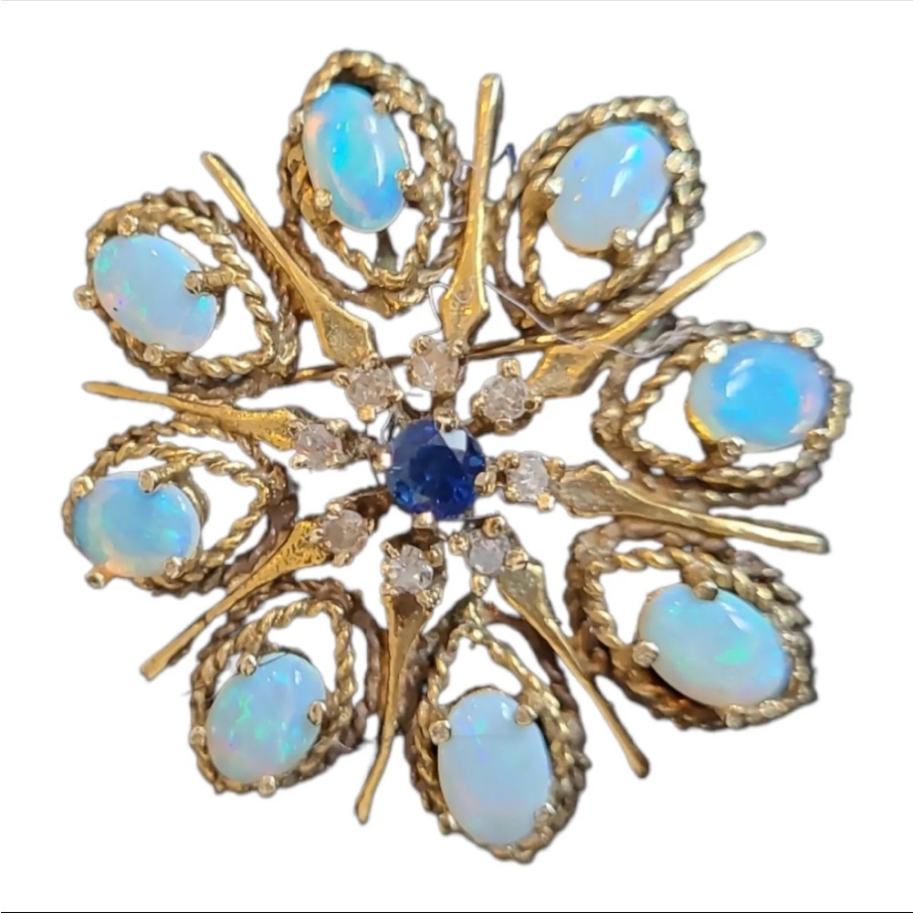 VINTAGE ANTIQUE DECO 14k Yellow Gold Opal Starburst Cluster Pin / Pendant.